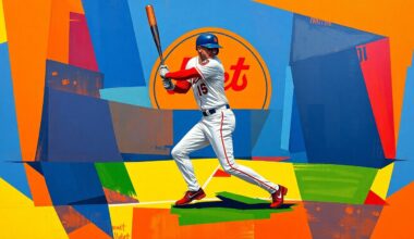 A fragmented, geometric painting in the style of Pablo Picasso, depicting the dynamic motion of a baseball player