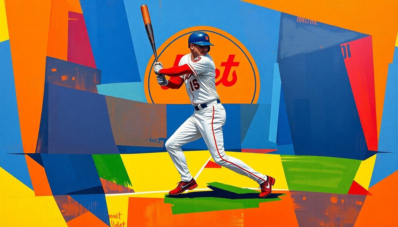 A fragmented, geometric painting in the style of Pablo Picasso, depicting the dynamic motion of a baseball player