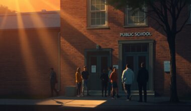 A serene, nostalgic painting depicting a group of people gathered outside a public school building, the scene bathed in warm, golden light and deep shadows, conveying a sense of community activism and the fight for better housing policies.