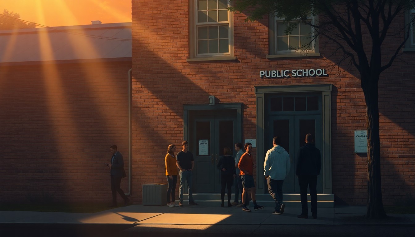 A serene, nostalgic painting depicting a group of people gathered outside a public school building, the scene bathed in warm, golden light and deep shadows, conveying a sense of community activism and the fight for better housing policies.