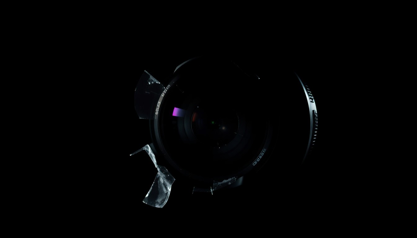 An extreme close-up photograph of a broken camera lens or other crime-related physical evidence, lit by a harsh, direct camera flash against a pitch-black background, creating a stark, gritty, investigative aesthetic.