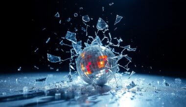 An extreme close-up of shattered, glittering glass fragments reflecting dramatic studio lighting, conceptually representing the surprising and disorienting elimination of a frontrunner on a reality TV competition show.