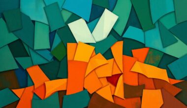A fractured, abstract painting featuring overlapping geometric shapes and brushstrokes in shades of blue, green, and orange, conceptually representing the contested nature of the electoral process.