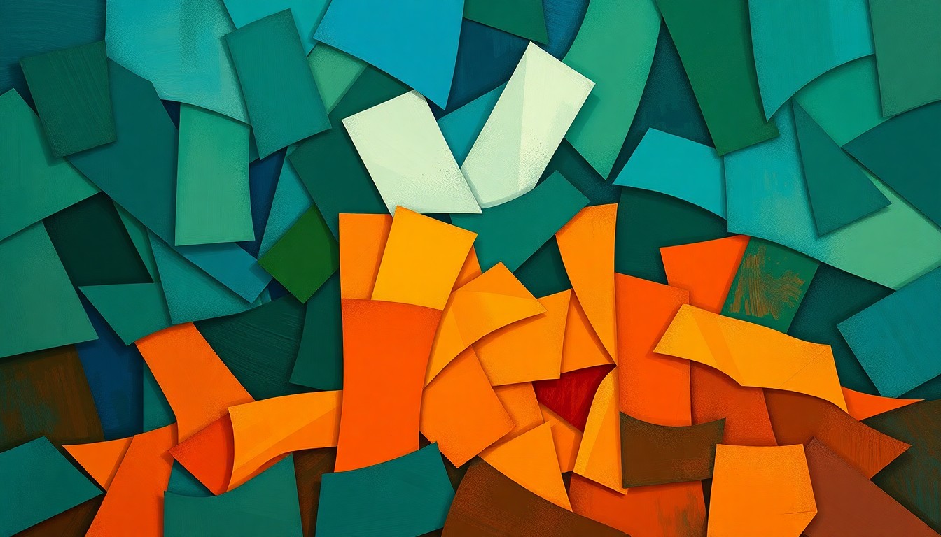 A fractured, abstract painting featuring overlapping geometric shapes and brushstrokes in shades of blue, green, and orange, conceptually representing the contested nature of the electoral process.