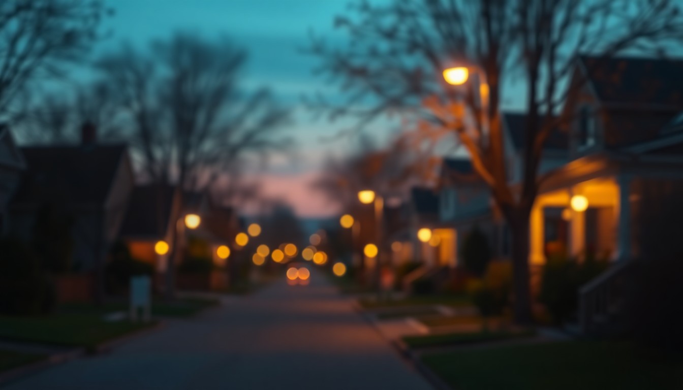 An abstract, out-of-focus photograph of a residential street at dusk, with warm pools of light from streetlamps and porch lights creating a cozy, welcoming atmosphere, conceptually representing the community impact of address changes to improve emergency services.