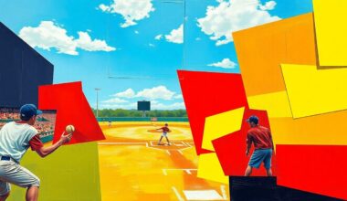 A vibrant, geometric painting with sharp, overlapping planes of color representing the energy and competition of a high school softball game.