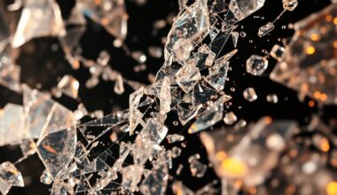 An extreme close-up photograph of shattered glass and glittering shards in high-contrast studio lighting, conceptually representing the gritty glamour and determination behind 50 Cent