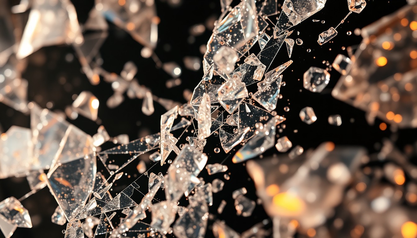 An extreme close-up photograph of shattered glass and glittering shards in high-contrast studio lighting, conceptually representing the gritty glamour and determination behind 50 Cent