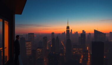 A serene, cinematic painting of the New York City skyline at dusk, with a lone figure standing on a balcony overlooking the city lights. The scene is bathed in warm, diagonal sunlight and deep shadows, capturing a contemplative mood about the new mayor