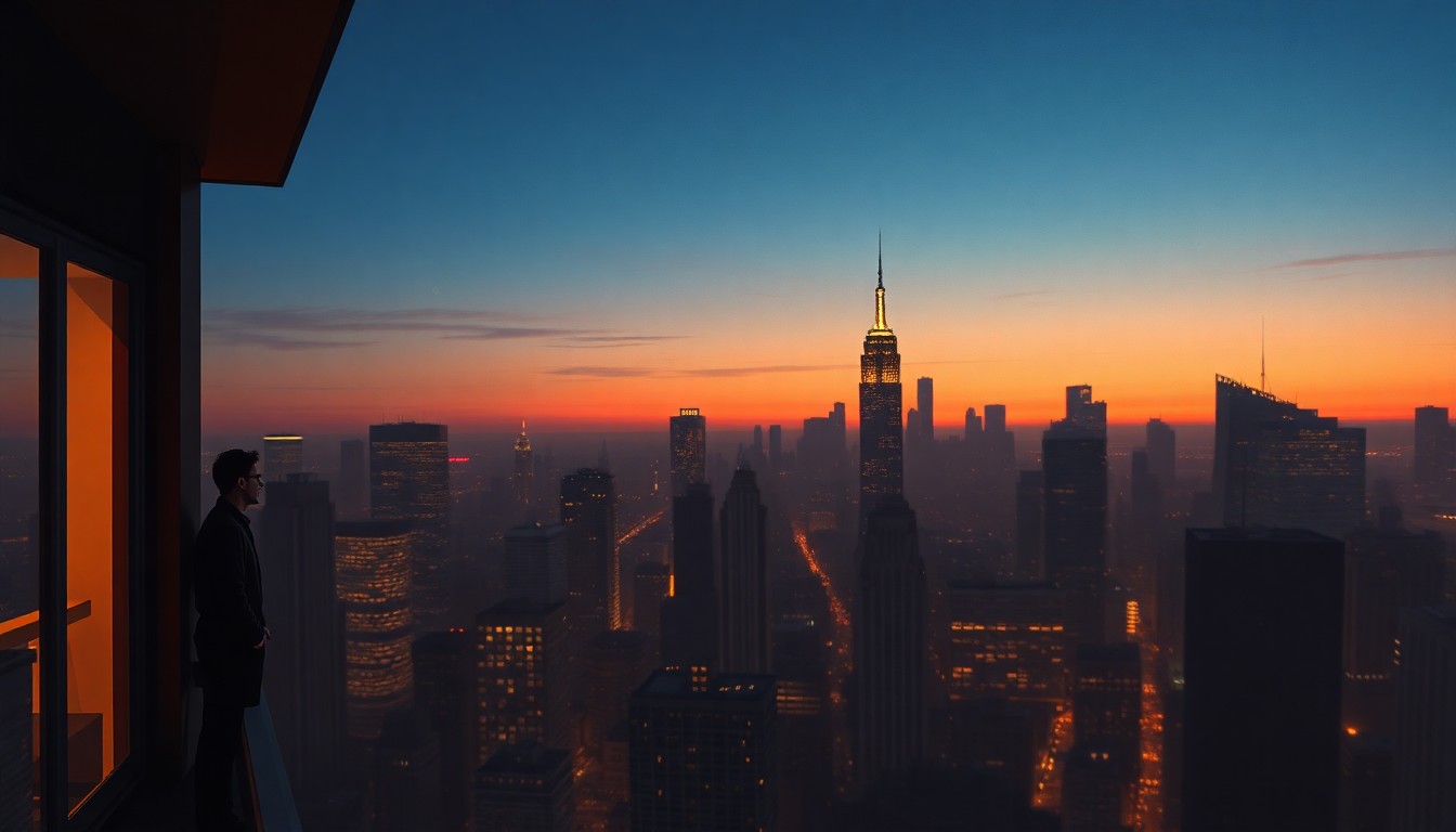 A serene, cinematic painting of the New York City skyline at dusk, with a lone figure standing on a balcony overlooking the city lights. The scene is bathed in warm, diagonal sunlight and deep shadows, capturing a contemplative mood about the new mayor