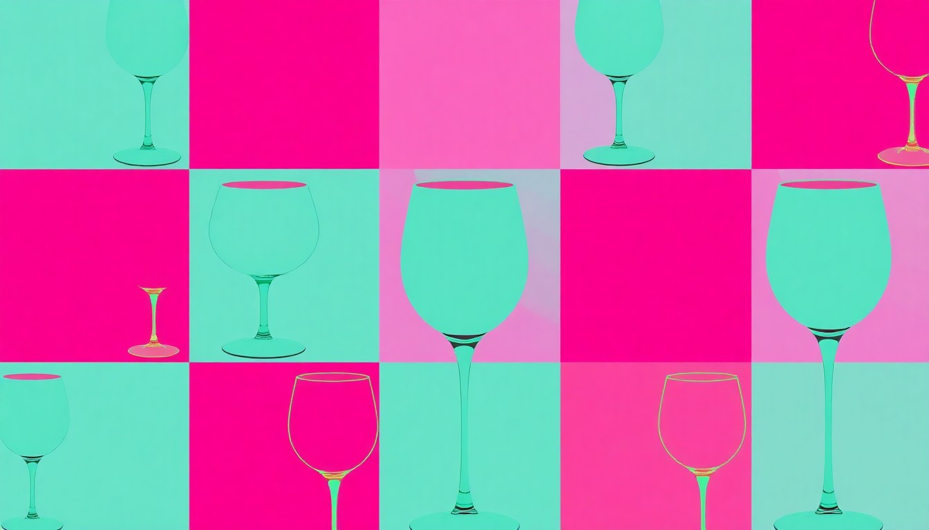 A brightly colored, high-contrast silkscreen print of a wine glass repeated in a tight grid pattern, conceptually representing the elevated yet inviting atmosphere of Bat Haus