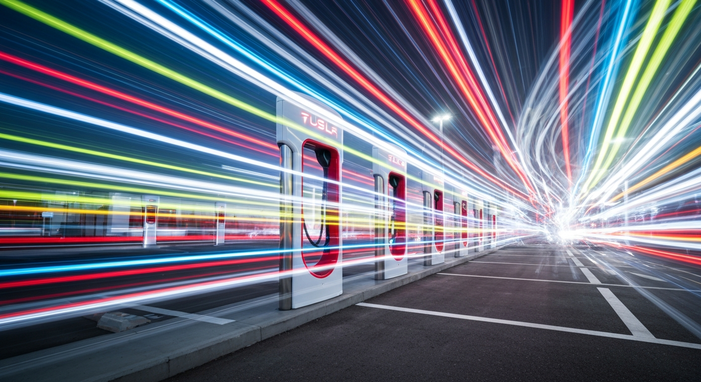 An abstract, blurred image of a Tesla Supercharger station, with streaks of vibrant colors representing the speed and motion of electric vehicle charging.