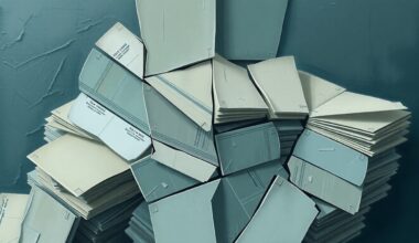 A heavily textured, fragmented painting in muted tones of blue, gray, and brown, depicting a stack of government documents or files in an abstract, cubist style, conveying a sense of bureaucratic inaction and frustration.