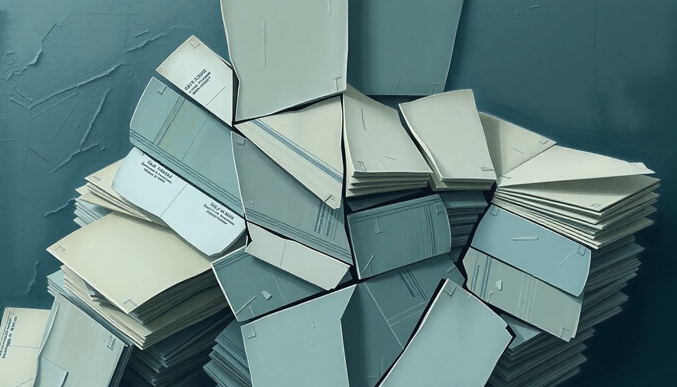 A heavily textured, fragmented painting in muted tones of blue, gray, and brown, depicting a stack of government documents or files in an abstract, cubist style, conveying a sense of bureaucratic inaction and frustration.