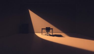A dimly lit, cinematic office interior with a lone desk and chair, the scene bathed in warm, diagonal light and deep shadows, conveying a contemplative mood about the political situation.