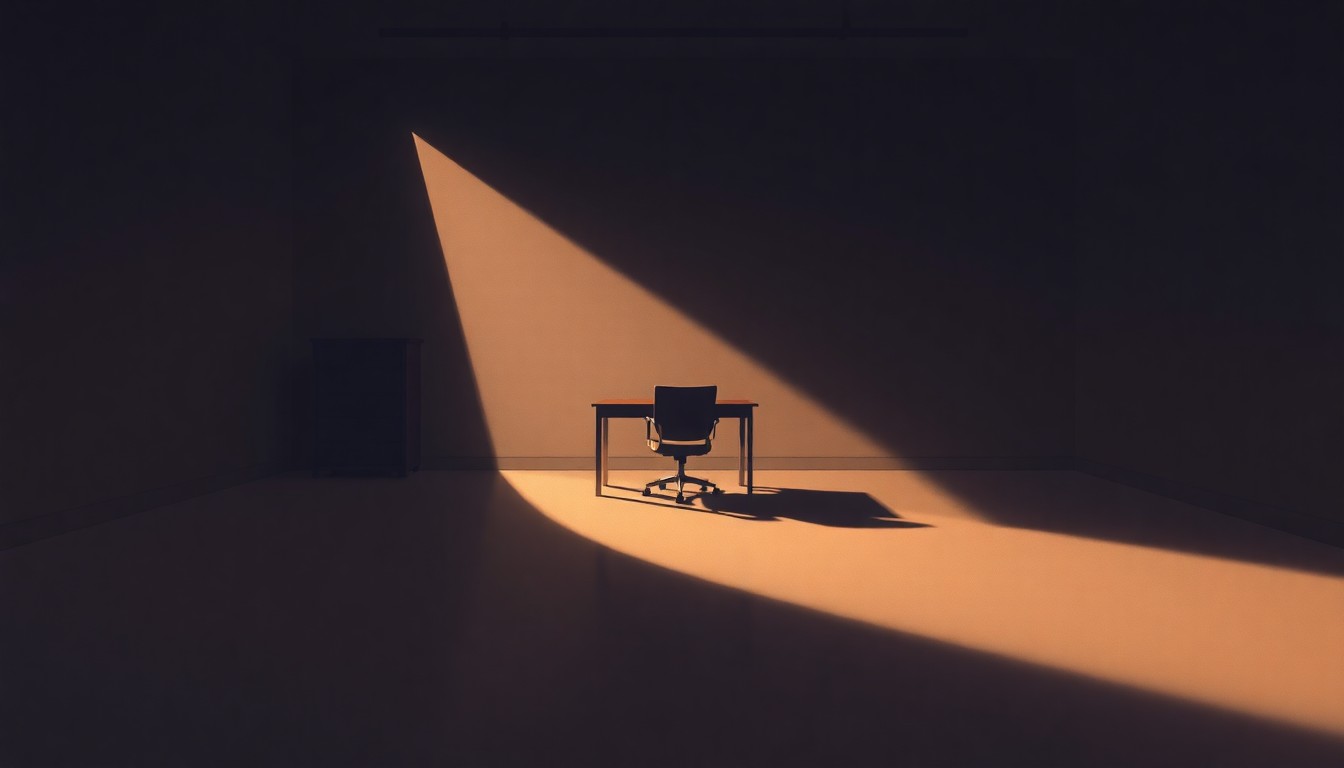 A dimly lit, cinematic office interior with a lone desk and chair, the scene bathed in warm, diagonal light and deep shadows, conveying a contemplative mood about the political situation.