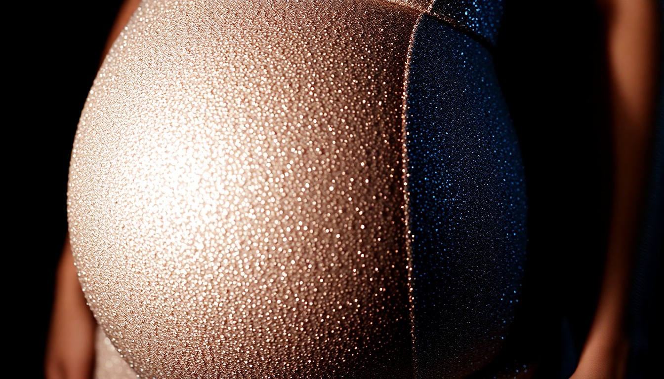 An extreme, abstract close-up photograph of a shimmering, glittering baby bump, captured in dramatic, high-contrast studio lighting to create a glitzy, high-fashion aesthetic.