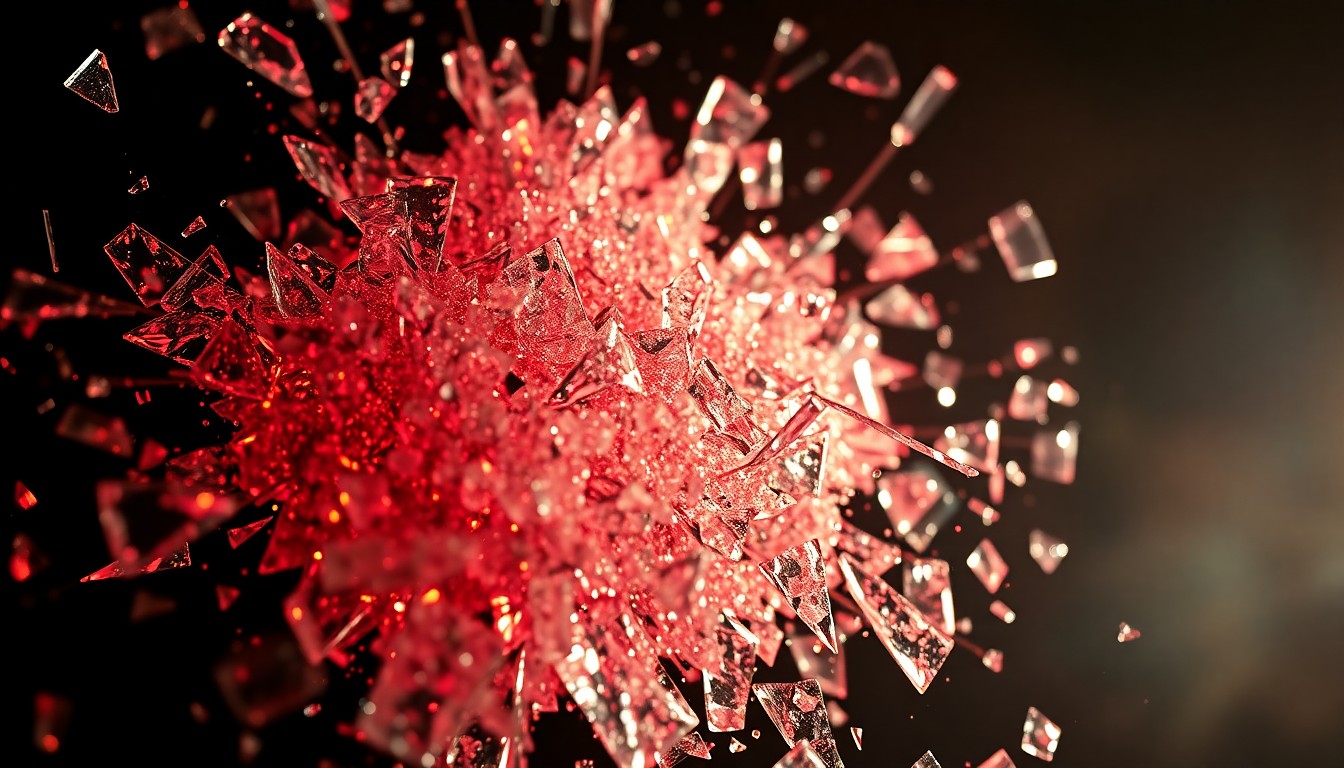 An extreme close-up photograph of shattered glass and glittering shards in high-contrast studio lighting, conceptually representing the gritty, high-stakes world of 50 Cent