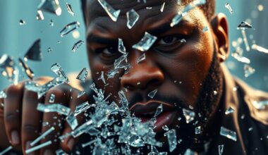 An extreme close-up photograph of shattered glass and glittering shards, conceptually representing the grit and determination behind 50 Cent