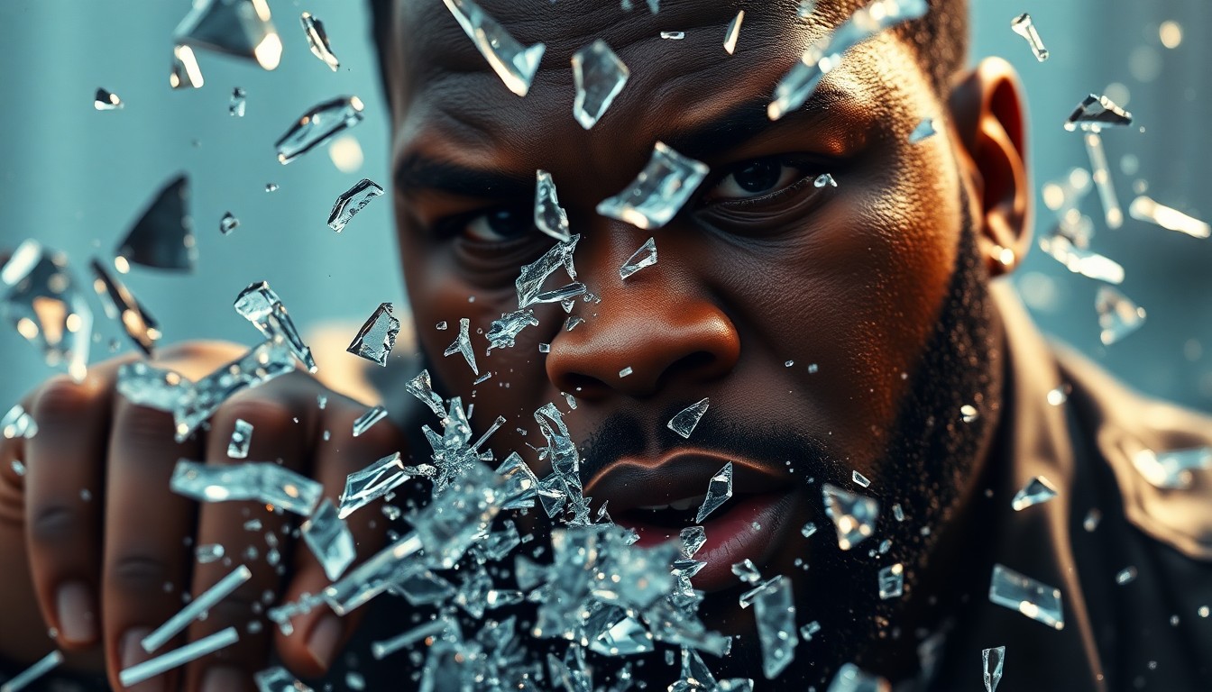 An extreme close-up photograph of shattered glass and glittering shards, conceptually representing the grit and determination behind 50 Cent