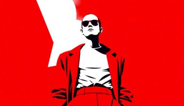 A striking abstract composition featuring bold, jagged geometric shapes in vibrant red and white, conceptually representing an artist