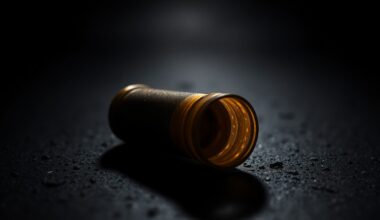 An extreme close-up of a shiny spent shell casing resting on a dark, gritty surface, conceptually representing the aftermath of a workplace shooting incident.