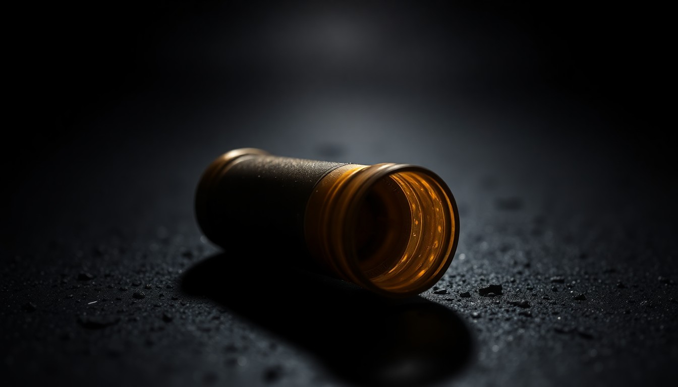 An extreme close-up of a shiny spent shell casing resting on a dark, gritty surface, conceptually representing the aftermath of a workplace shooting incident.