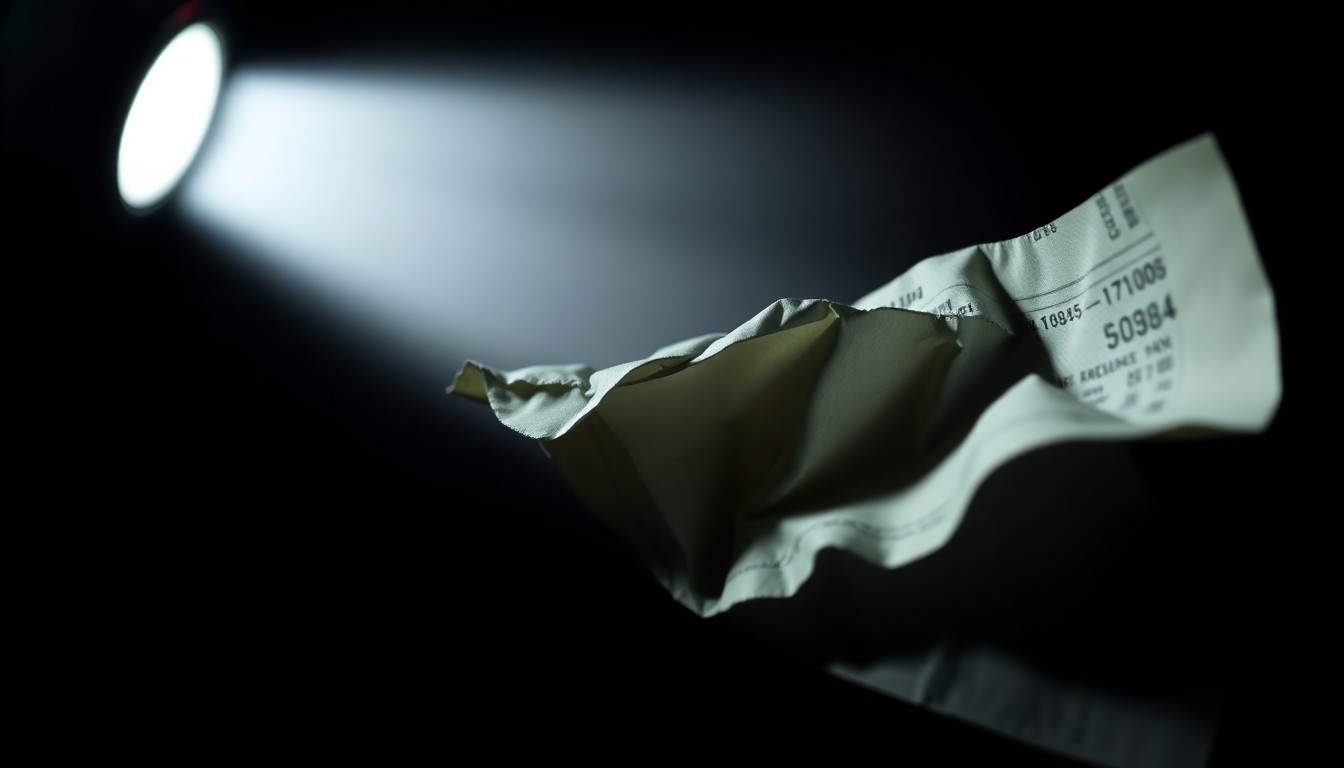 An extreme close-up of a crumpled financial document reflecting harsh, direct lighting, conceptually illustrating the gritty details of a financial crime case.