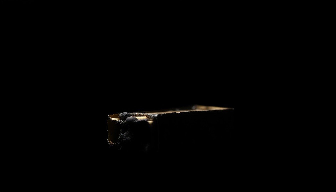 An extreme close-up photograph of a melted and charred matchbox against a pitch-black background, capturing the stark, gritty details of the crime scene evidence.