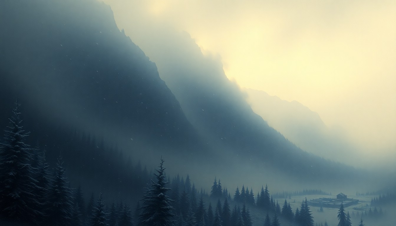 A sweeping, atmospheric landscape painting depicting a heavy snowstorm, with the scale of the natural forces dwarfing any visible structures or objects in the scene.