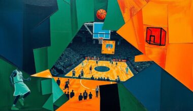 A cubist, geometric painting depicting a fragmented basketball game, with sharp, overlapping shapes in navy, green, and orange, conceptually representing the Nets