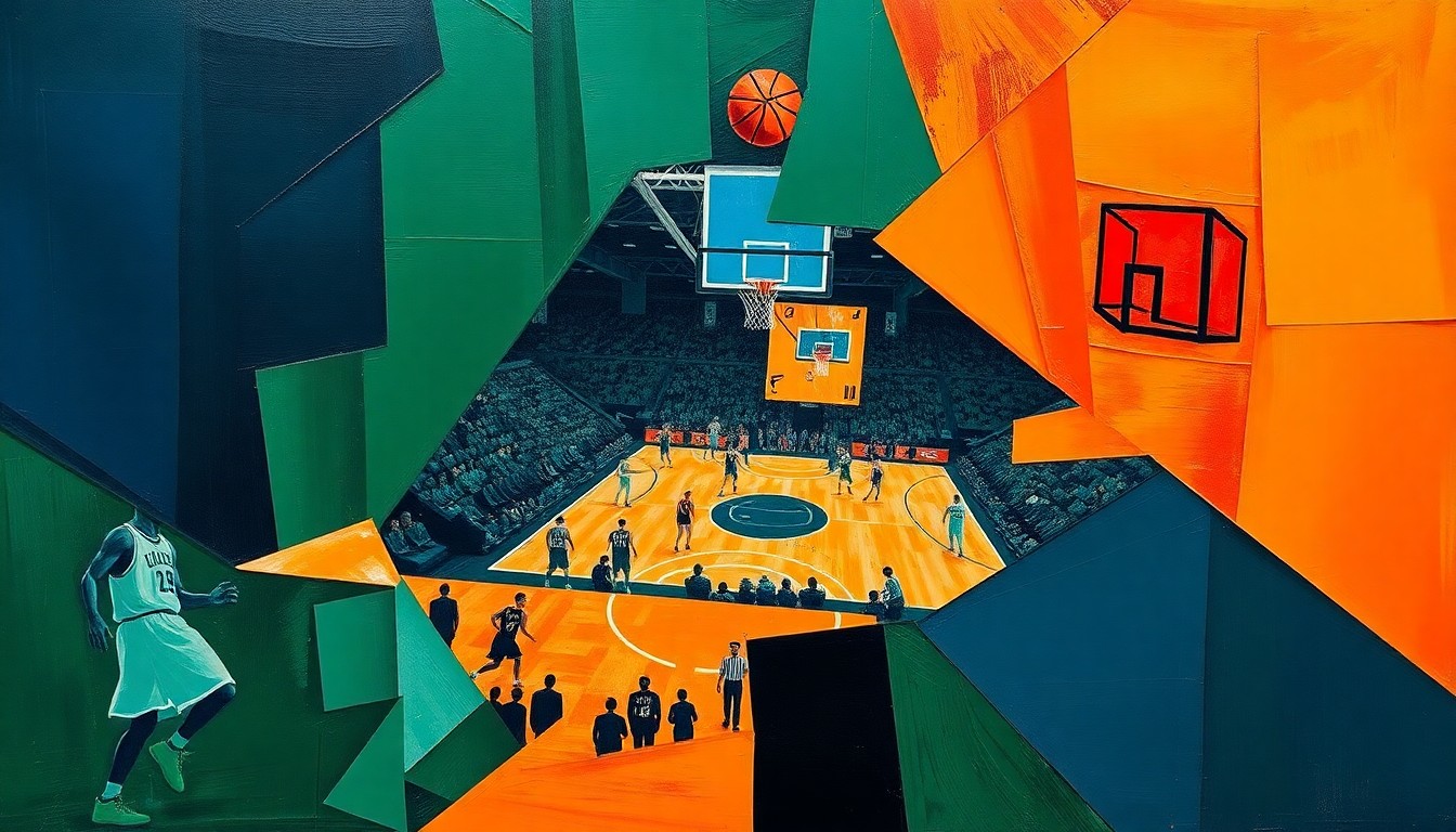 A cubist, geometric painting depicting a fragmented basketball game, with sharp, overlapping shapes in navy, green, and orange, conceptually representing the Nets
