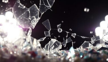 An abstract close-up image of shattered glass and glittering sequins, capturing the fractured emotional state and fading celebrity glamour surrounding the Beckham family drama.