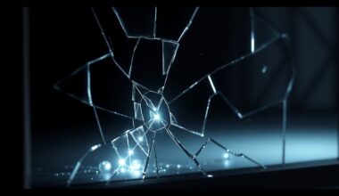 An extreme close-up of a shattered mirror reflecting a faint, glittering light, conceptually representing the fractured dynamics within the Beckham family.