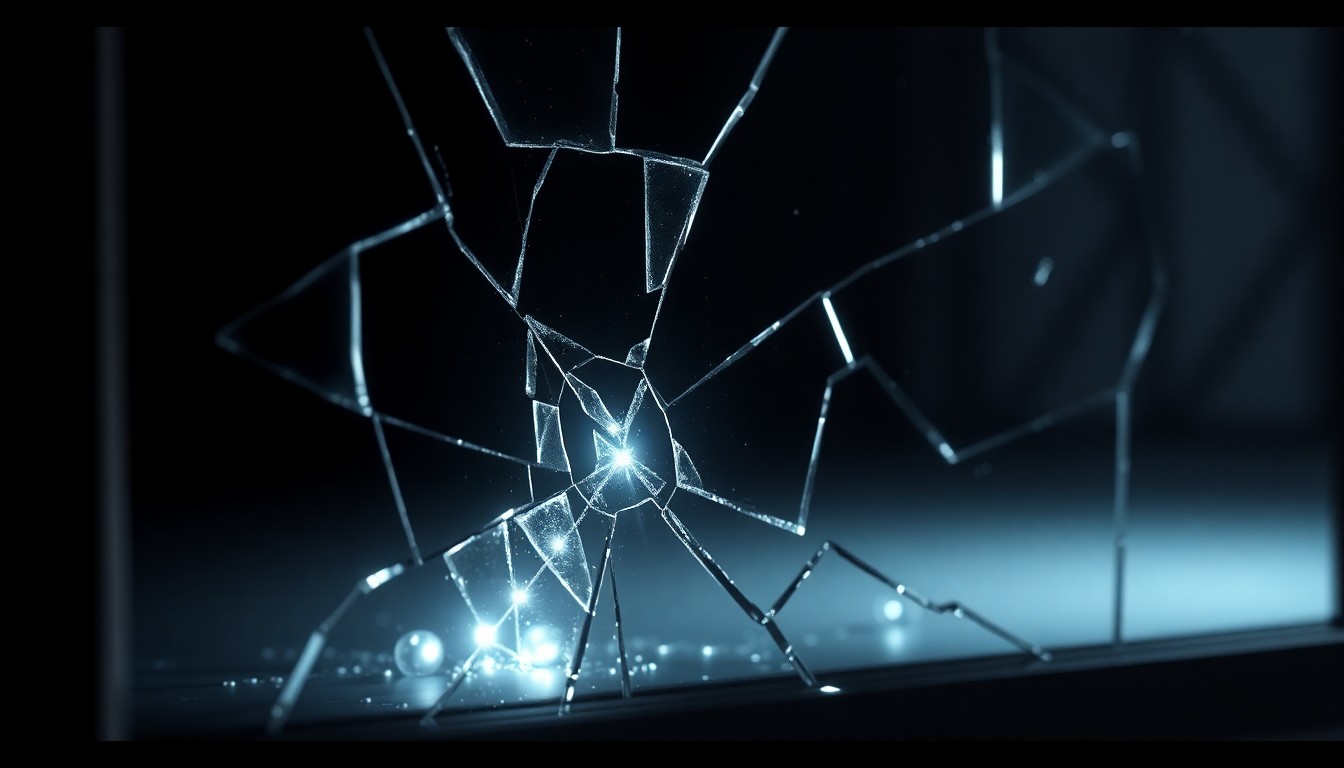 An extreme close-up of a shattered mirror reflecting a faint, glittering light, conceptually representing the fractured dynamics within the Beckham family.