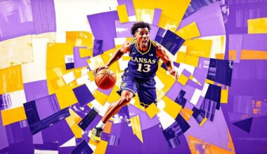 A fragmented, cubist-style painting depicting a college basketball player in motion, with sharp geometric shapes and planes of purple and gold colors representing Kansas State.
