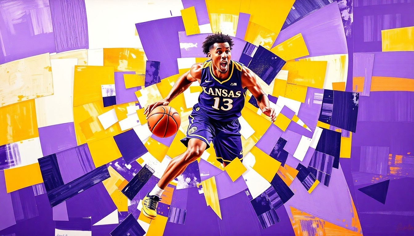 A fragmented, cubist-style painting depicting a college basketball player in motion, with sharp geometric shapes and planes of purple and gold colors representing Kansas State.
