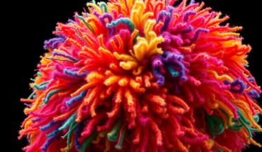 An extreme close-up photograph of a large, fuzzy, multicolored sculpture made with mixed fiber materials, capturing the luxurious, tactile quality of the artwork through dramatic studio lighting and an abstract, high-contrast composition.