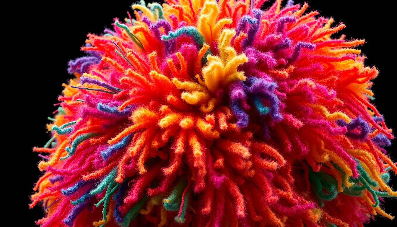 An extreme close-up photograph of a large, fuzzy, multicolored sculpture made with mixed fiber materials, capturing the luxurious, tactile quality of the artwork through dramatic studio lighting and an abstract, high-contrast composition.