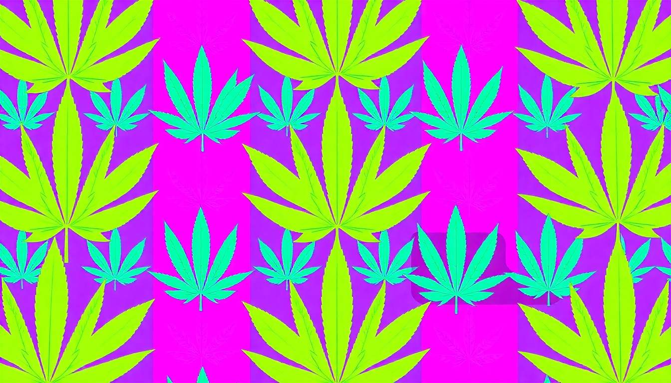 A brightly colored, high-contrast silkscreen print of a cannabis leaf icon repeated in a tight grid pattern, using vibrant neon colors to capture the energy and aesthetic of a new recreational marijuana delivery service in New York City.
