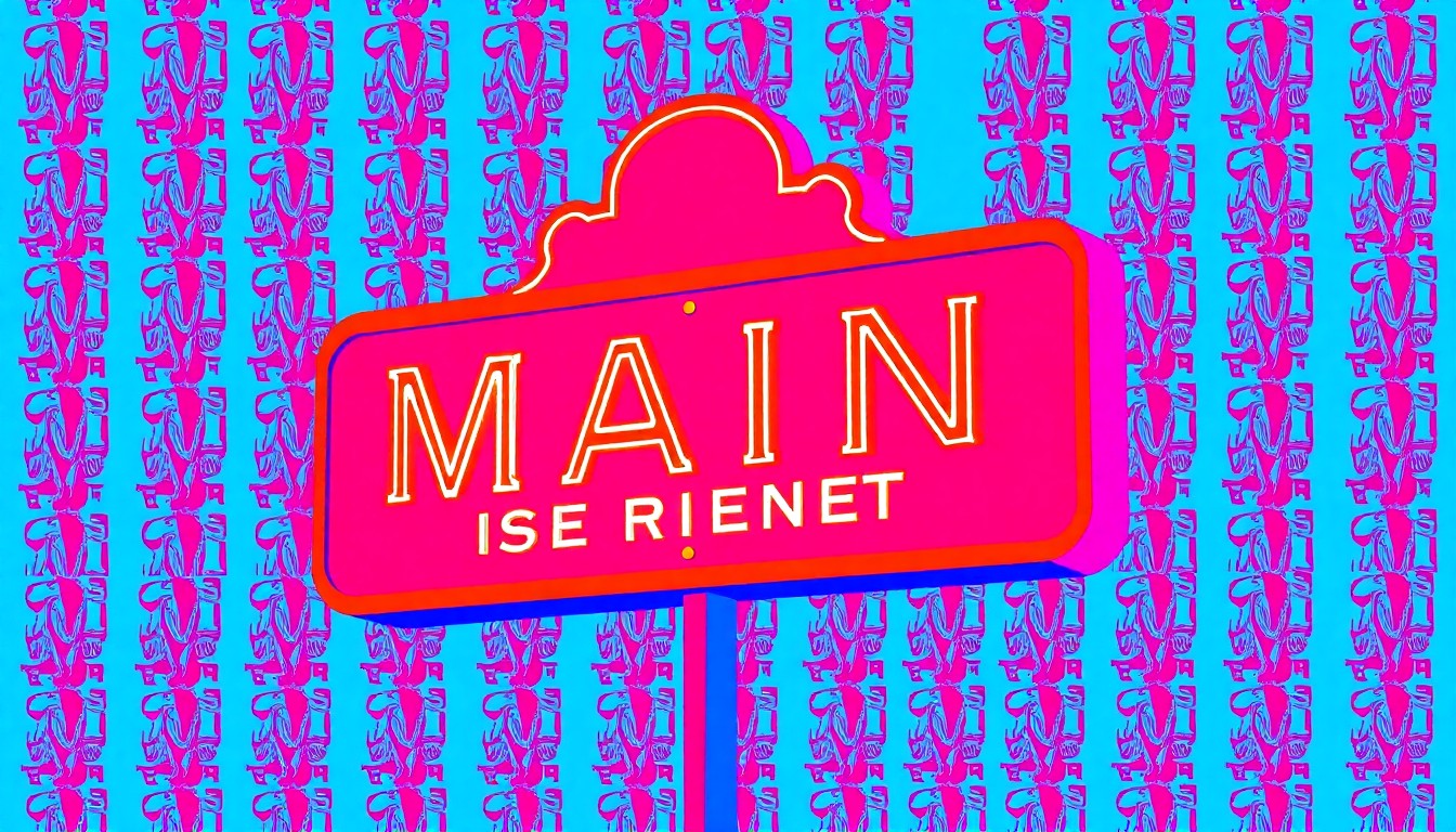 A vibrant, abstracted silkscreen print featuring a repeating pattern of a weathered small-town street sign, conceptually representing the challenges facing struggling communities.