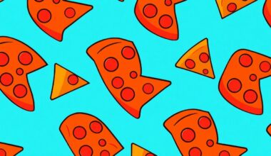 A high-contrast silkscreen print featuring a single pizza slice repeated in a grid pattern, rendered in a bright, neon color palette with heavy black outlines, conceptually representing a beloved neighborhood pizza joint.