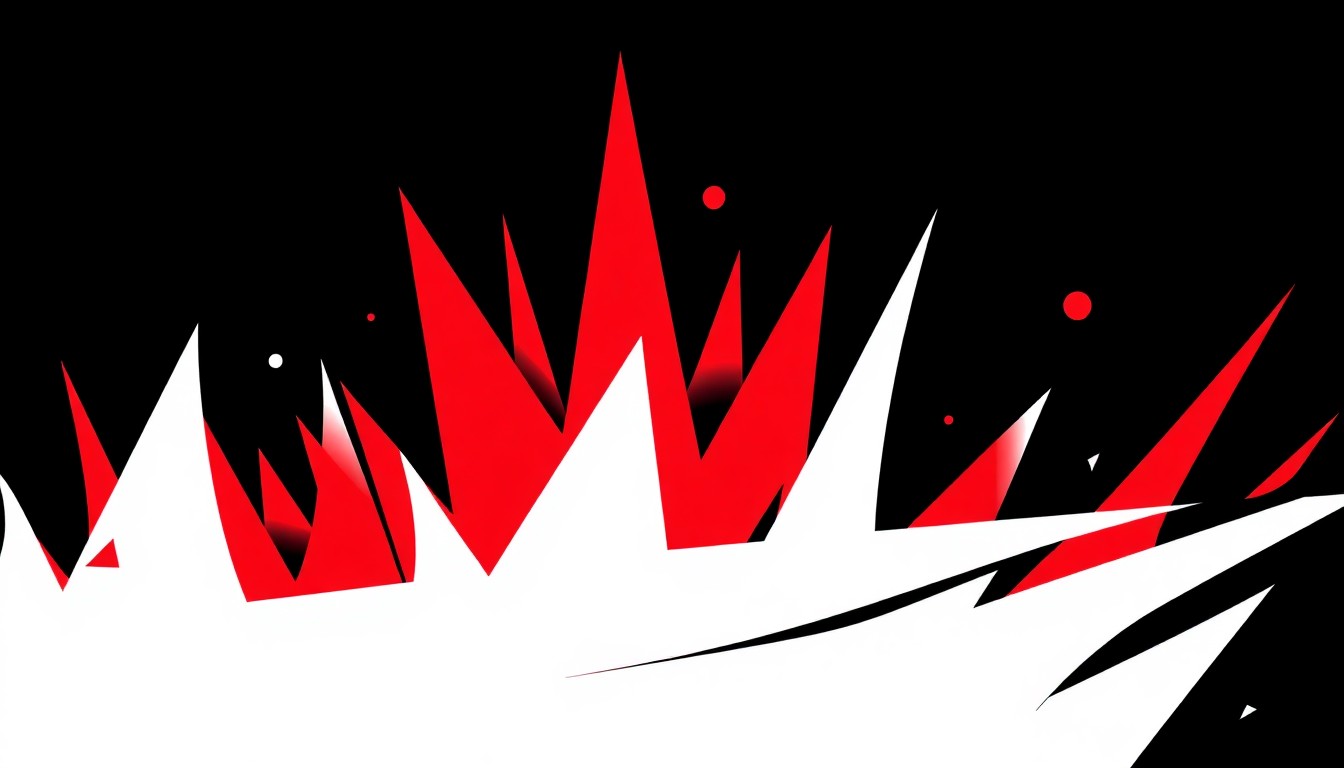 An abstract, minimalist illustration composed of bold, angular shapes in red and white, conveying the energy and diversity of Queens