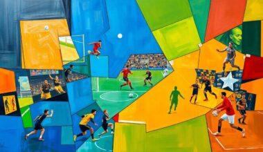 A fragmented, geometric painting in bold blues, greens, and oranges depicts various sports activities and competitions in an abstract, multi-angled composition.