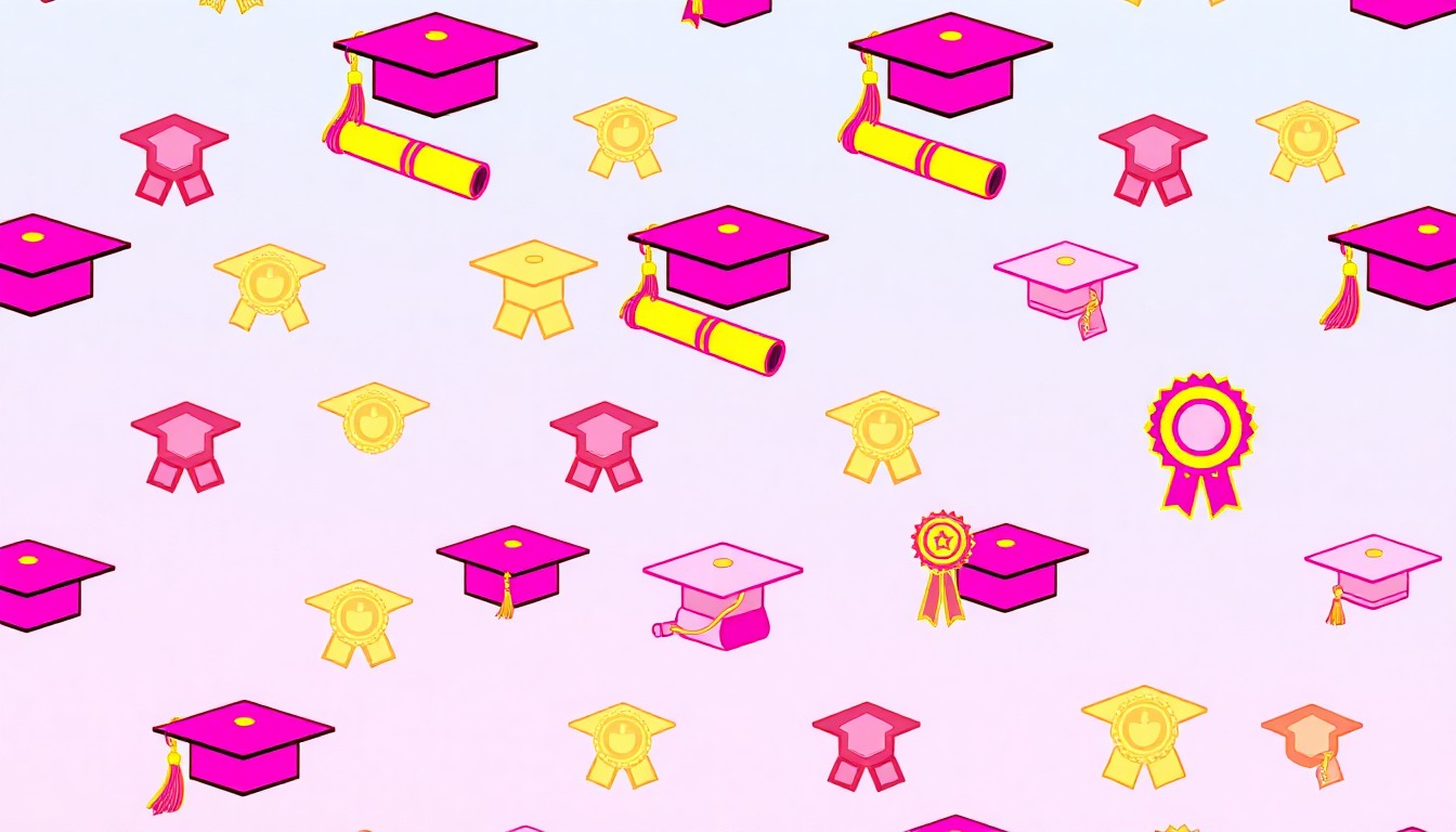 A bold, colorful silkscreen print featuring repeated icons of graduation caps, diplomas, and youth leadership awards in a grid, capturing the energy and accomplishments of the annual Boyz to Kings and Girlz to Queens awards ceremony.