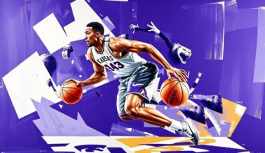 A fractured, cubist-style painting depicting a basketball player in motion, broken down into sharp, overlapping geometric shapes in the team colors of purple, silver, and white.