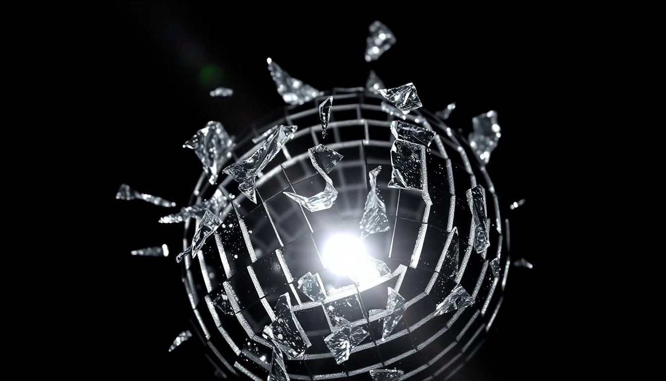 An extreme close-up photograph of the shattered, glittering shards of a disco ball, the dramatic lighting and high contrast creating a sense of glamour and fragility.