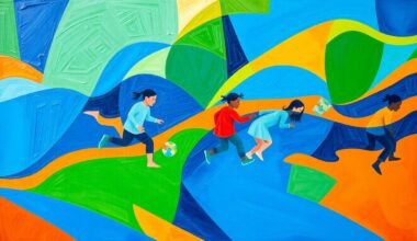 A dynamic, abstract painting featuring overlapping, fractured geometric shapes in shades of blue, green, and orange, conceptually representing the complex politics and policy debates surrounding the launch of New York City