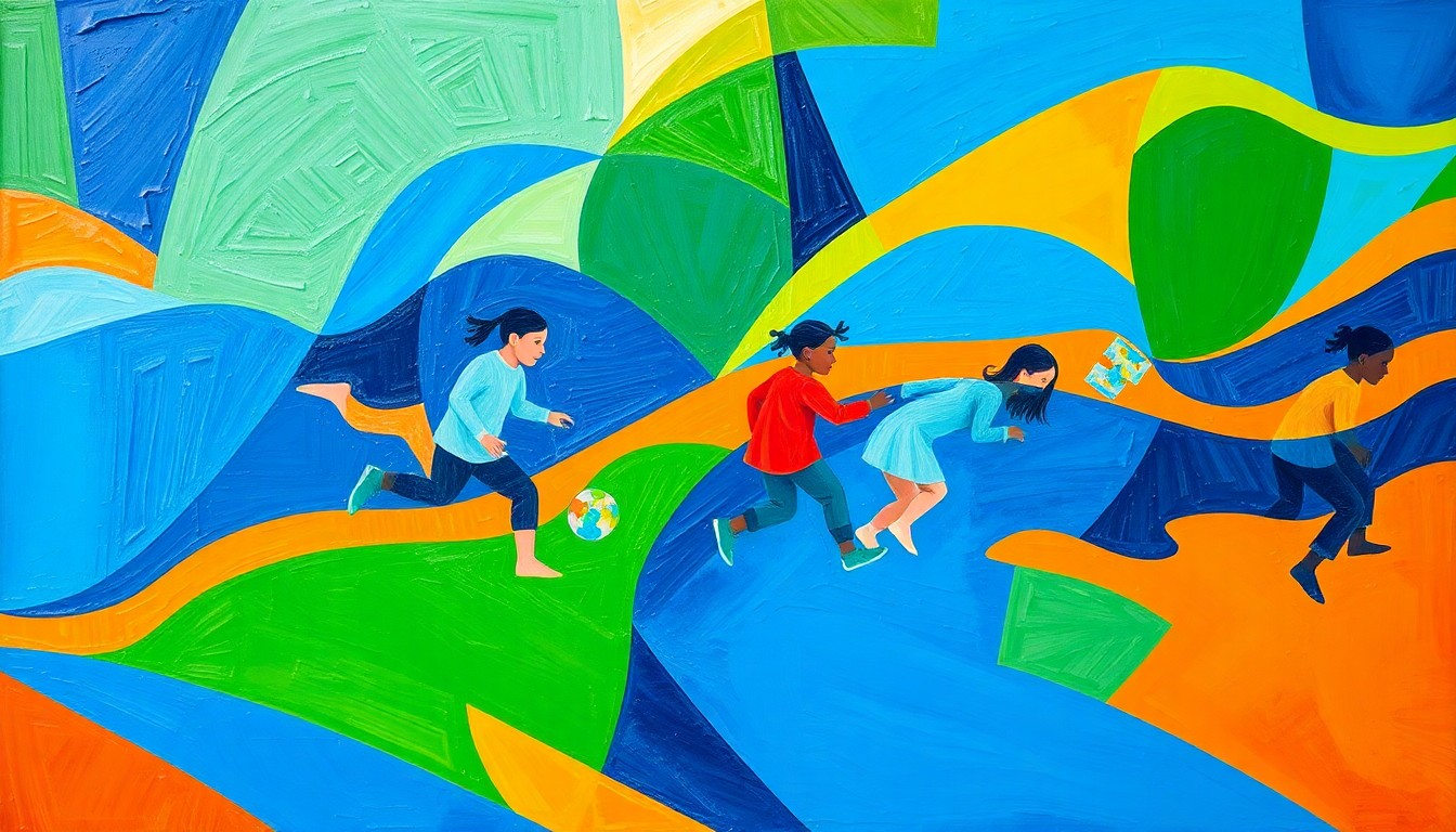 A dynamic, abstract painting featuring overlapping, fractured geometric shapes in shades of blue, green, and orange, conceptually representing the complex politics and policy debates surrounding the launch of New York City