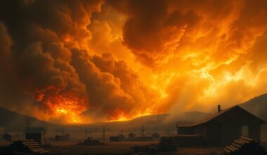 A dramatic landscape painting in the style of Caspar David Friedrich, showing a massive fire consuming a lumberyard in the distance, with billowing smoke and flames obscuring the details and dwarfing the physical structures, conveying the overwhelming, sublime power of the natural disaster.